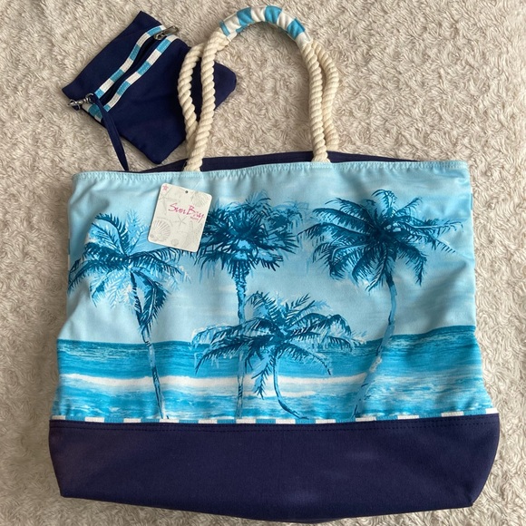 NEW Sun Bay Oversized Beach Bag Palm Trees and Detachable Pouch NWT - Picture 2 of 13